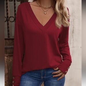 New V-Neck Burgundy Long Sleeve Top